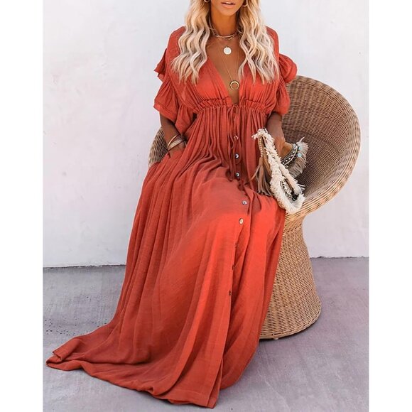 Boho Maxi Dress Rayon Polyester Summer Casual Beach Vacation Flowy Maxi - Picture 3 of 6